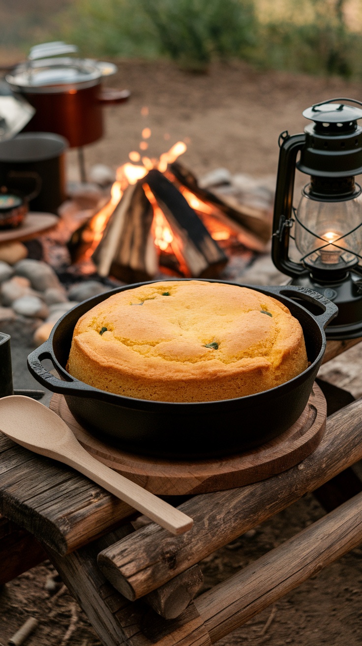 Golden brown Dutch oven cornbread with green chiles, placed on a wooden table next to camping gear.